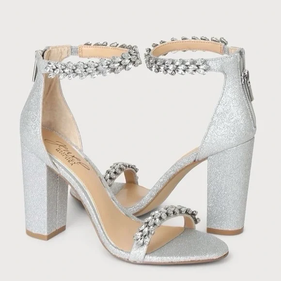 NEW Badgley Mischka Mayra Silver Glitter Rhinestone Ankle Strap Heels - Picture 8 of 12